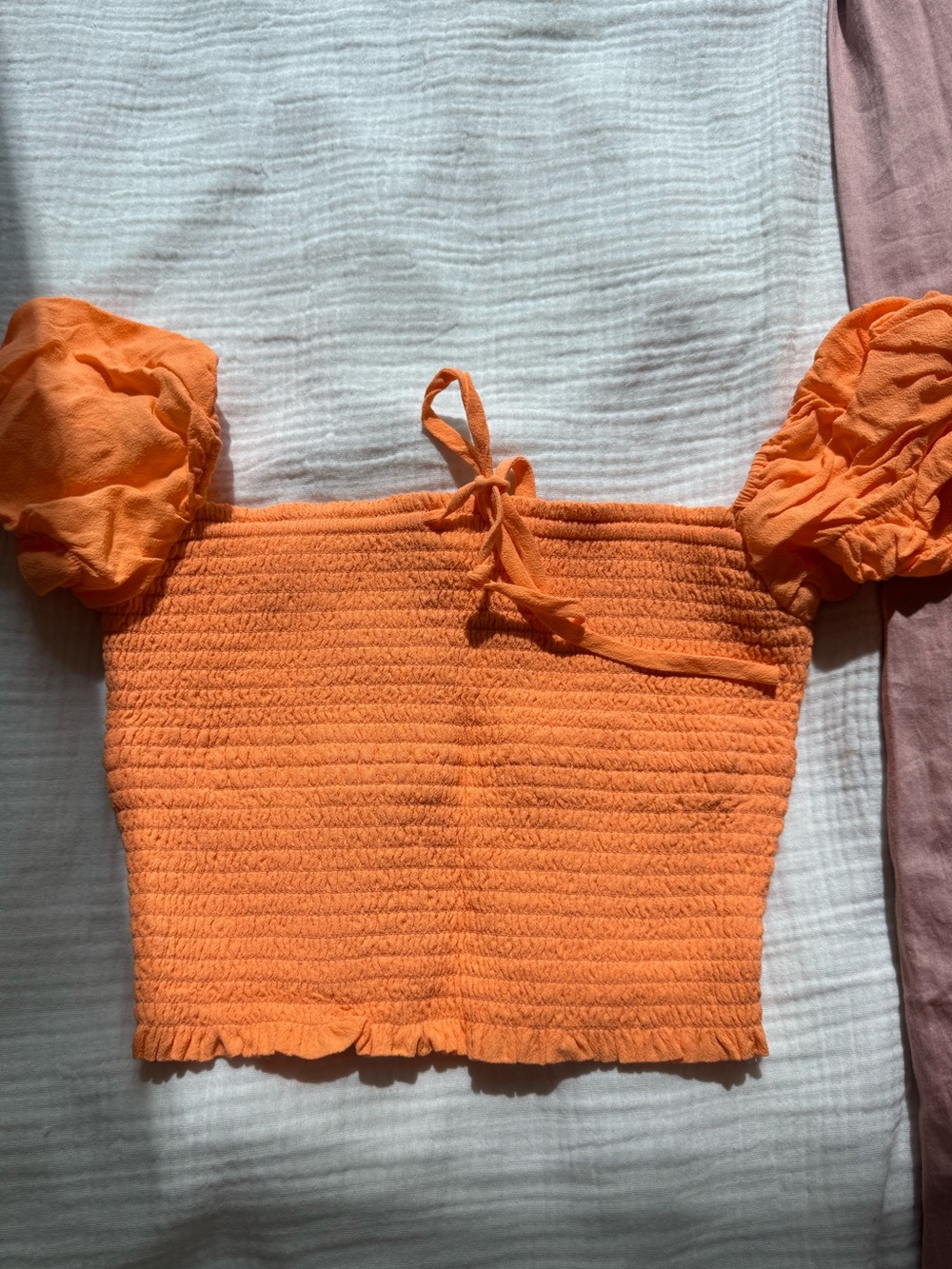Wilfred Orange Smocked Puff-Sleeve Crop Top with Tie Front